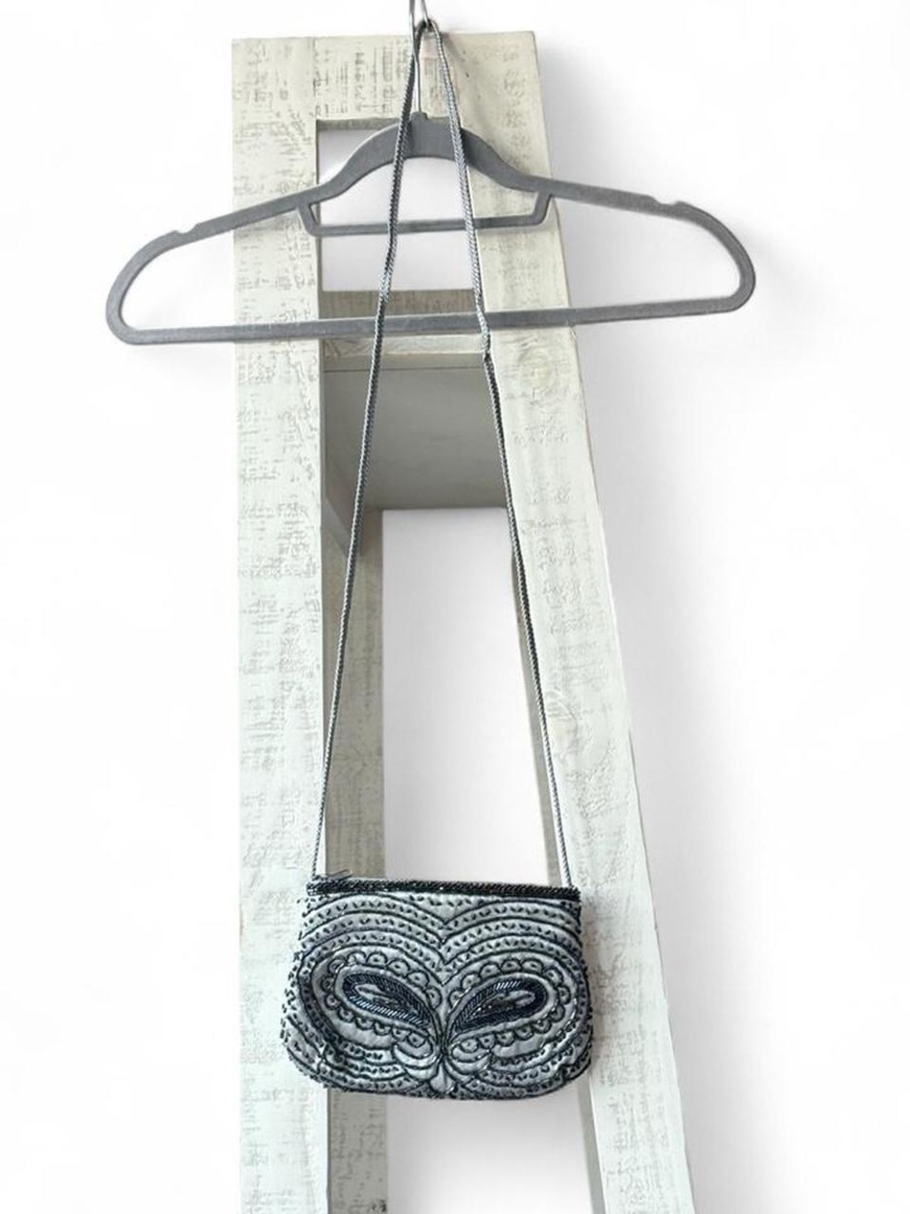 Vintage Magid Silver Satin Black Beaded Evening Bag with Long Shoulder Strap